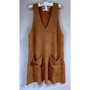 FP Beach Sleeveless Dress Medium Ribbed Knit Mini V-Neck Brown Pockets Beachy